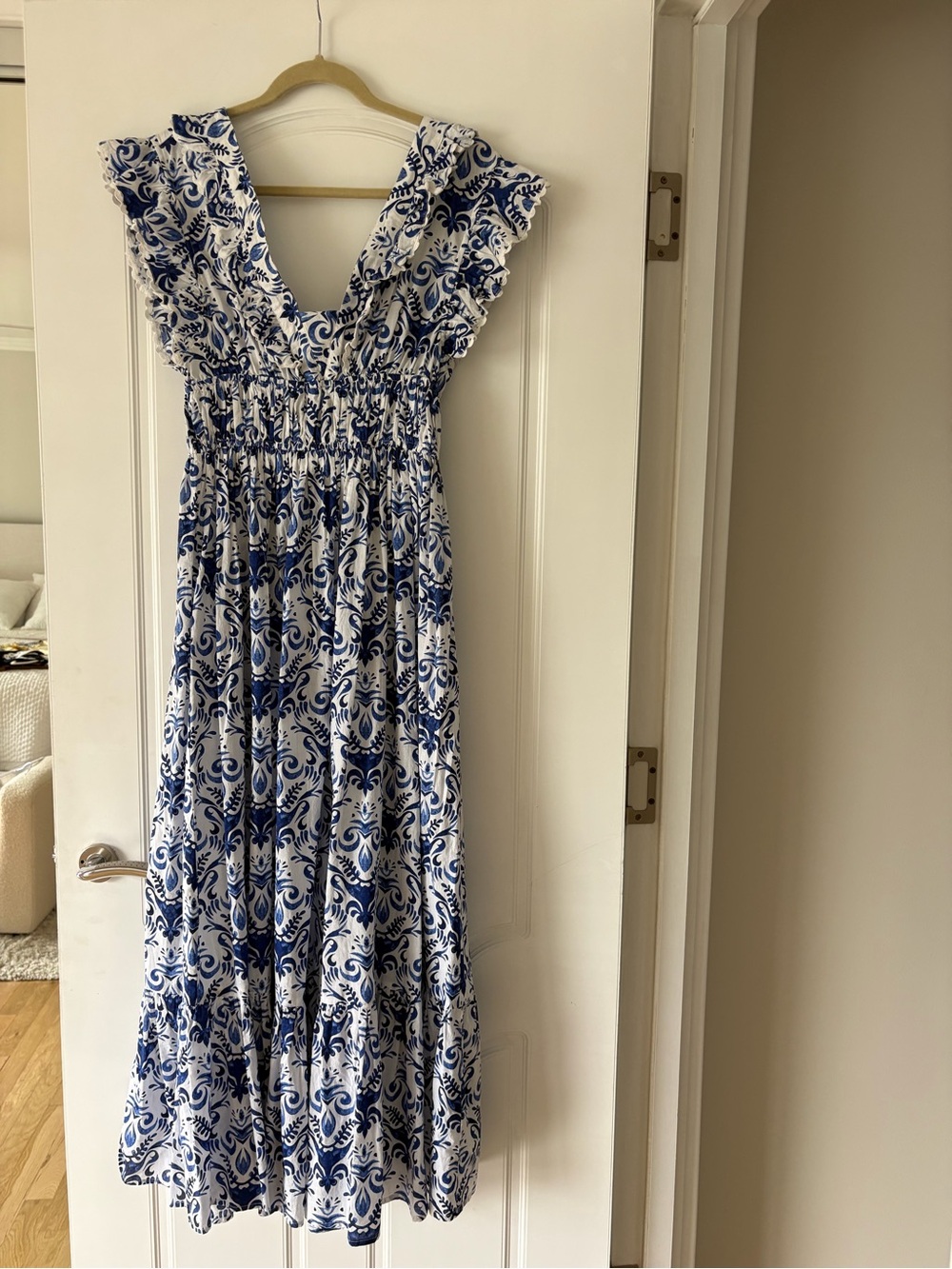 Blue & White Printed Ruffle Maxi Dress